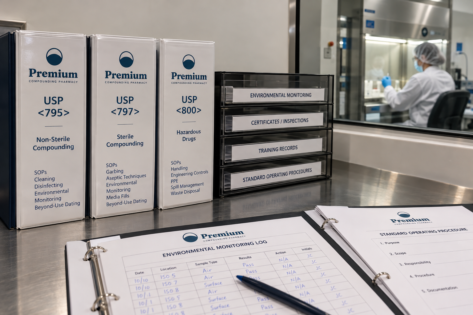 USP 795, 797 and 800 compliance binders with environmental monitoring log